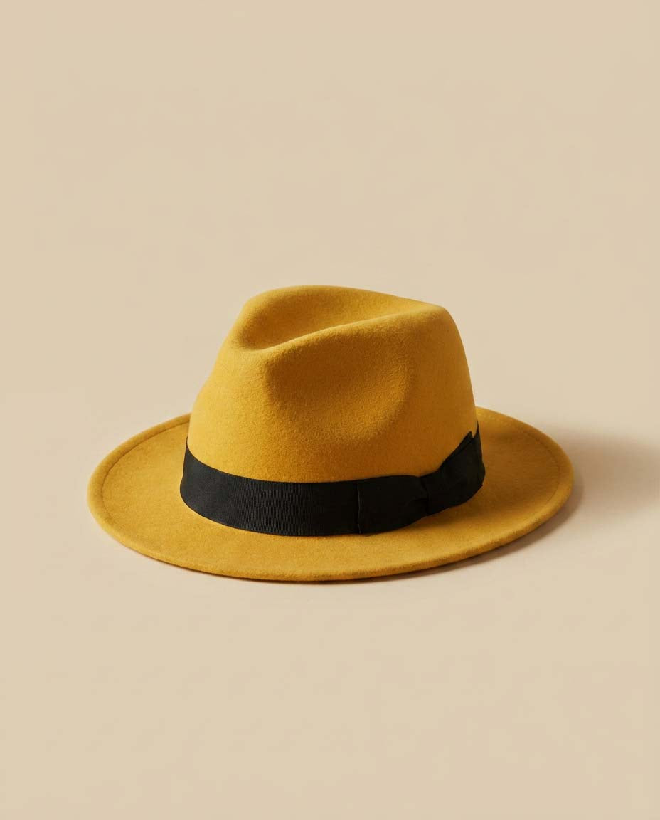 Vintage Mustard Yellow Fedora Hat | Wide Brim Felt Hat | Wool Felt Fedora | Boho Western Hat
