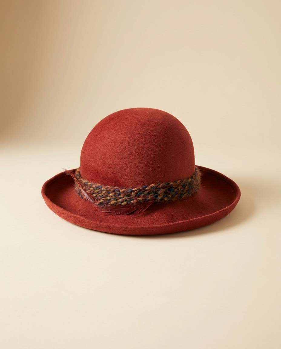 Vintage Frank Olive Rust Red Wool Felt Hat | Wide Brim Cloche Hat | Designer Millinery | 1970s Statement Hat