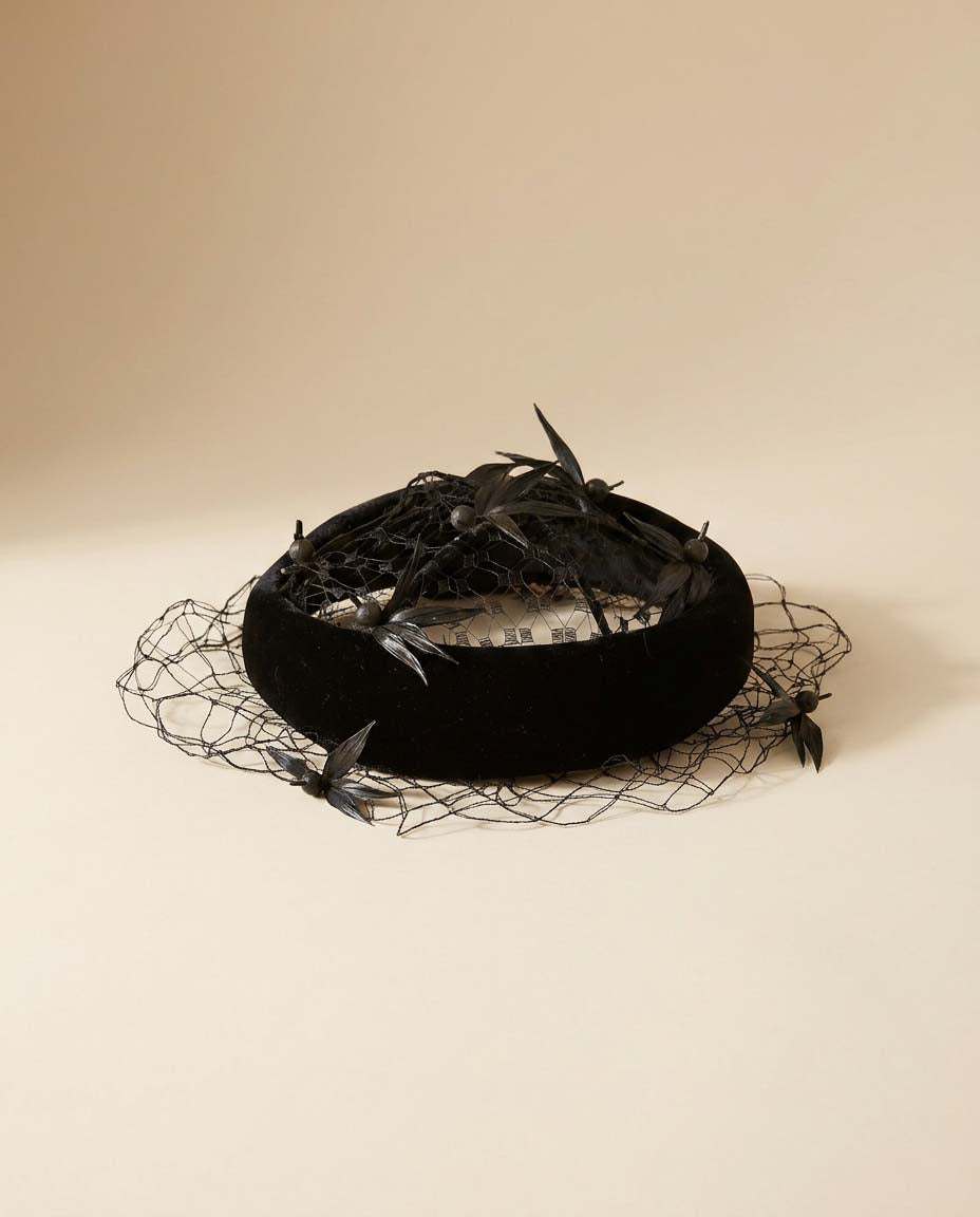 Vintage Black Velvet Halo Hat with Feather Birds and Veil | 1950s Cocktail Hat | Open Crown Fascinator | Mid Century Millinery