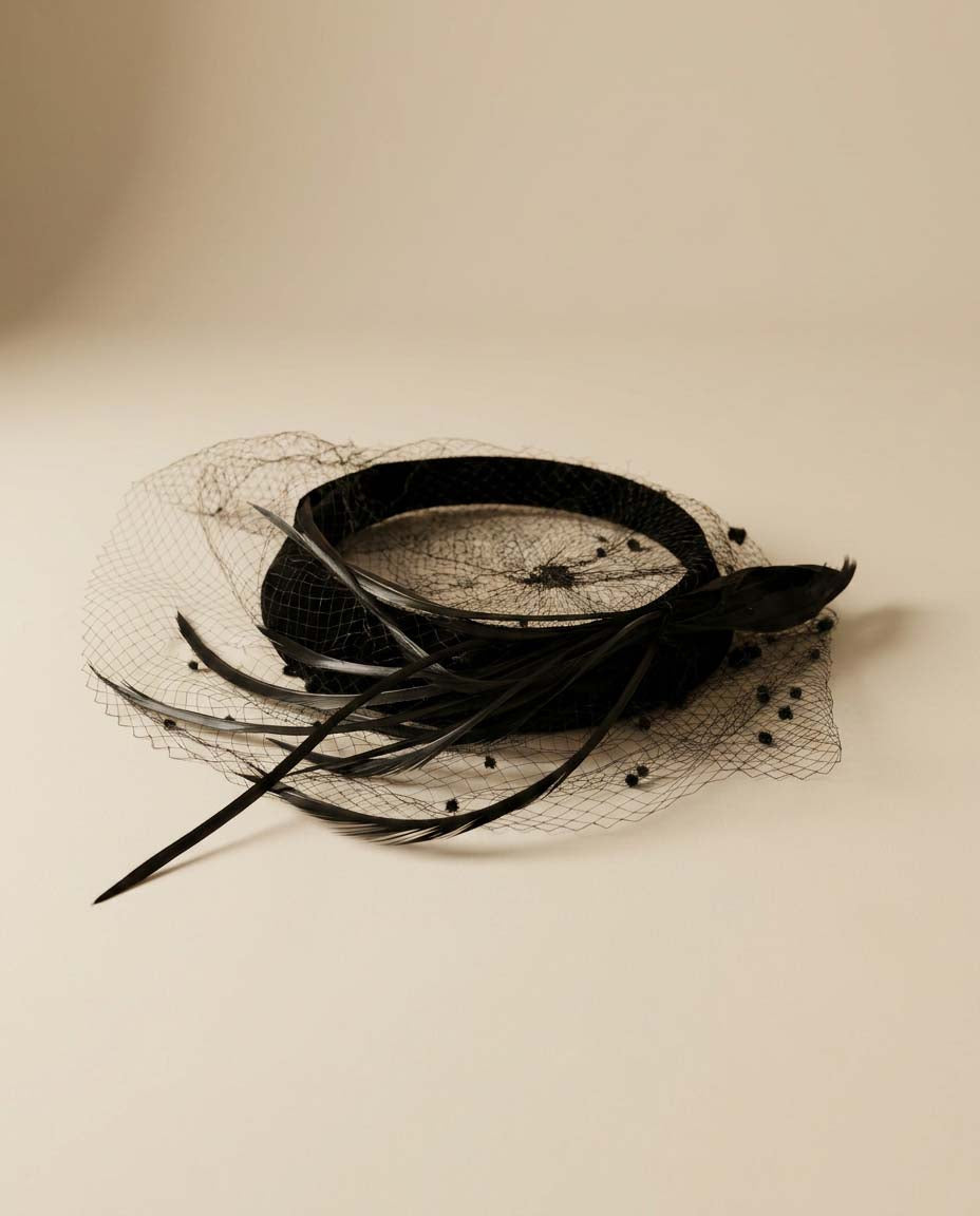 Vintage Black Velvet Halo Hat with Dotted Veil and Feather Trim | 1950s Cocktail Fascinator | Mid Century Tilt Hat | Elegant Mourning Style Millinery