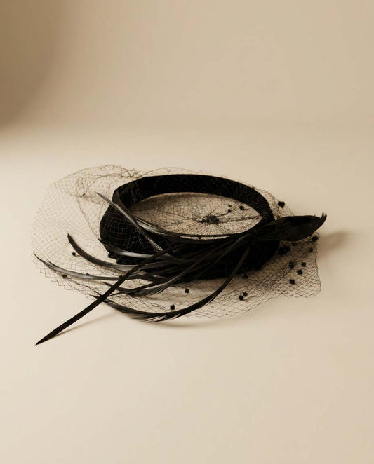 Vintage Black Velvet Halo Hat with Dotted Veil and Feather Trim | 1950s Cocktail Fascinator | Mid Century Tilt Hat | Elegant Mourning Style Millinery