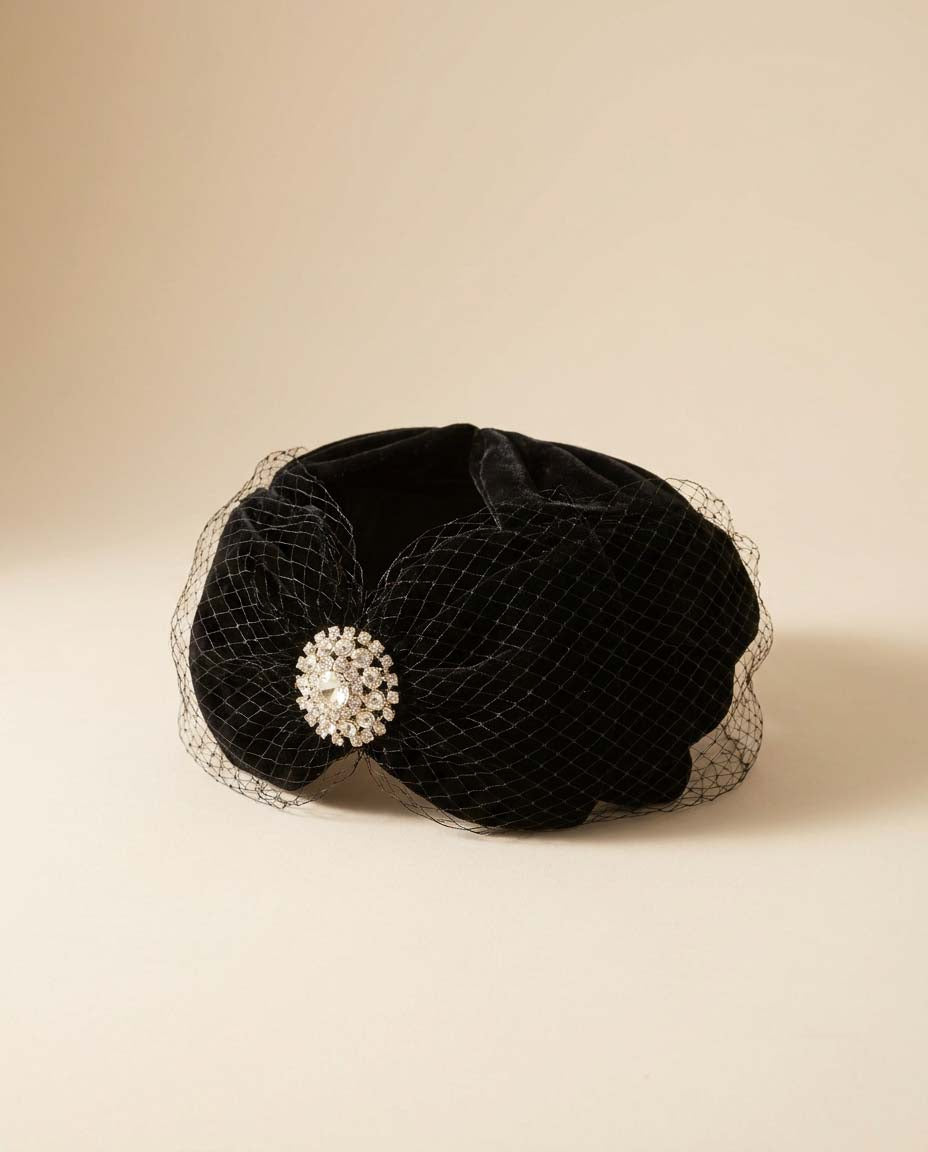 Vintage Black Velvet Turban Hat with Rhinestone Brooch and Veil | 1950s Cocktail Hat | Old Hollywood Fascinator | Mid Century Evening Hat