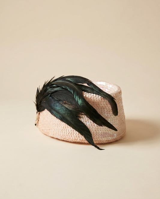 Vintage Pink Sequin Cocktail Hat | Feather Fascinator Hat | 1960s Pillbox Hat | Wedding Guest Hat | Mid Century Evening Hat