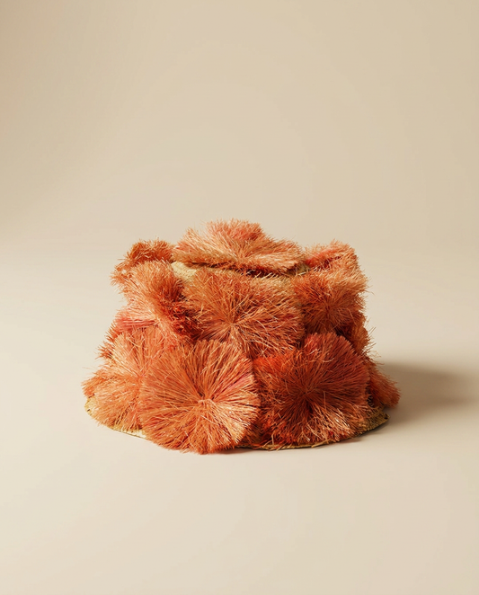 Vintage Raffia Pom Pom Hat | Novelty Straw Bucket Hat | Coral Pink Textured Millinery | Statement Summer Hat | Artisan Straw Hat