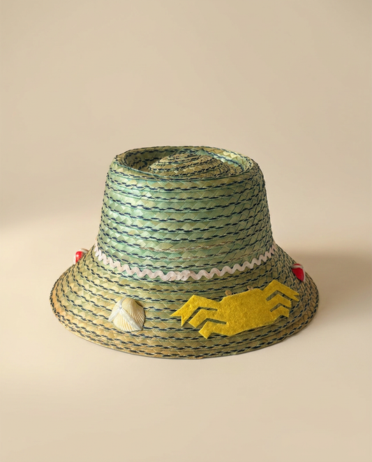 Vintage Beach Theme Straw Hat | Crab & Seashell Bucket Hat | Novelty Raffia Sun Hat | Made in Italy | Coastal Style Hat | Ocean Inspired Summer Hat