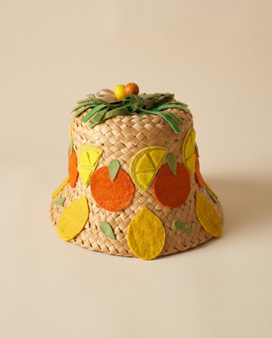 Vintage Fruit Basket Straw Hat | Novelty Lemon & Orange Hat | Whimsical Summer Bucket Hat | Cottagecore Fruit Hat | Tropical Straw Millinery