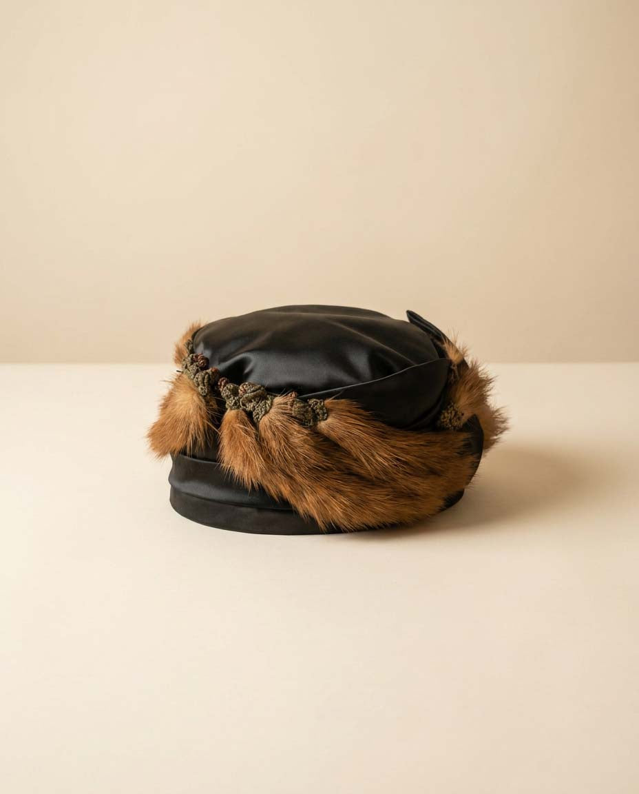Vintage Fur Trim Satin Pillbox Hat | 1960s Mink Fur Cocktail Hat | Black Satin Winter Hat | Mid Century Glamour Millinery