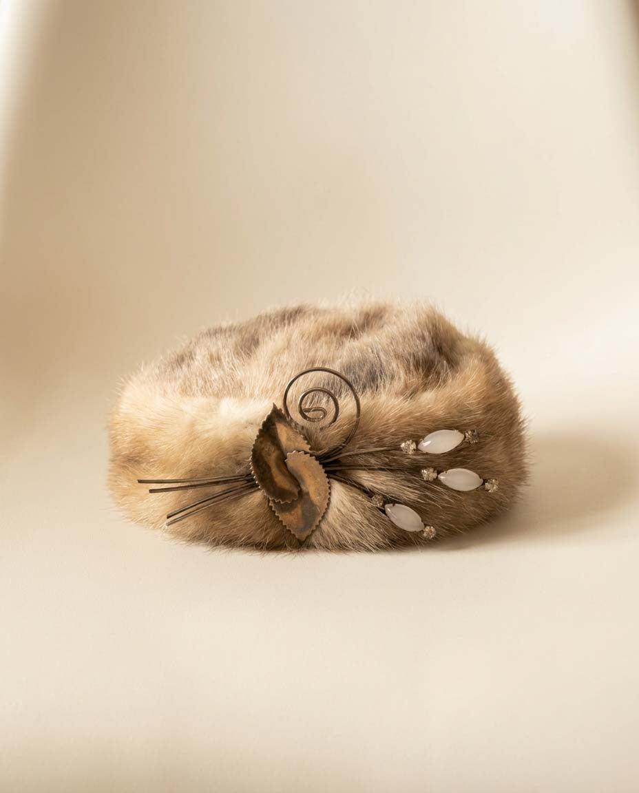 Vintage Mink Fur Pillbox Hat | 1960s Fur Cocktail Hat | Mid Century Winter Hat | Rhinestone Fur Fascinator | Retro Glamour Millinery