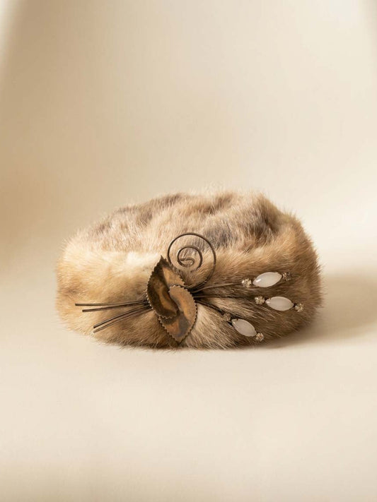 Vintage Mink Fur Pillbox Hat | 1960s Fur Cocktail Hat | Mid Century Winter Hat | Rhinestone Fur Fascinator | Retro Glamour Millinery