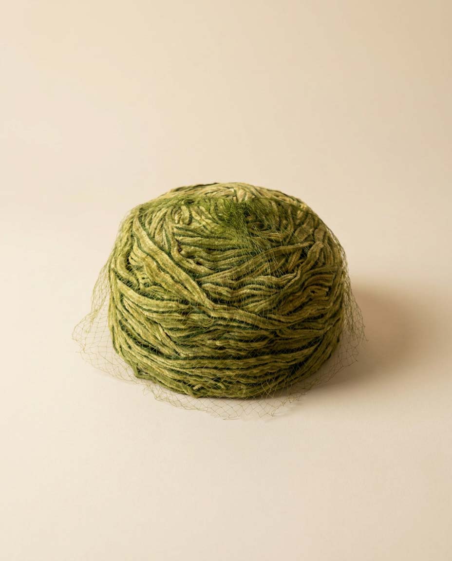 Vintage Green Textured Pillbox Hat | Avant Garde Fiber Hat | 1960s Mod Veiled Hat | Sculptural Olive Green Cocktail Hat | Art Millinery Headpiece