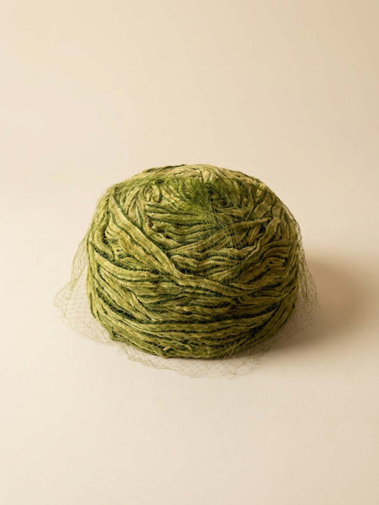 Vintage Green Textured Pillbox Hat | Avant Garde Fiber Hat | 1960s Mod Veiled Hat | Sculptural Olive Green Cocktail Hat | Art Millinery Headpiece