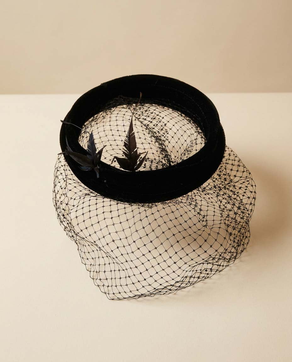 Vintage Black Velvet Halo Hat with Birdcage Veil | 1950s Cocktail Fascinator | Gothic Bridal Hat | Mid Century Millinery | Vintage Mourning Style Headpiece