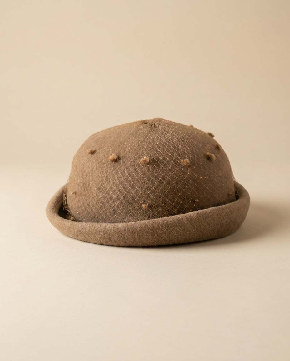 Vintage Flo-Denis Paris New York Hat | Taupe Wool Felt Cloche Hat | 1950s Veiled Cocktail Hat | French Millinery
