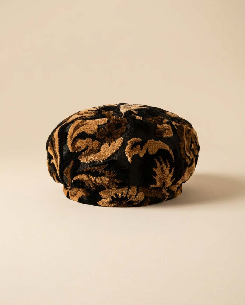 Vintage Black & Gold Velvet Beret Hat | 1960s Burnout Velvet Cap | Textured Floral Beret | Mod Cocktail Hat | Statement Millinery