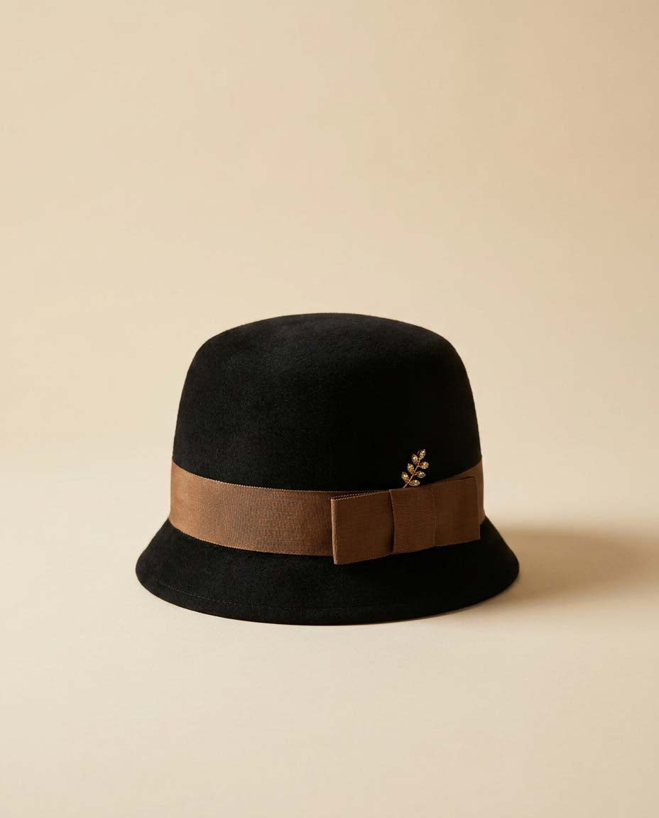 Vintage Roberta Bernays Black Velour Cloche Hat | 1960s Designer Hat | Black Felt Bucket Hat | Mod Cocktail Hat | Rhinestone Accent