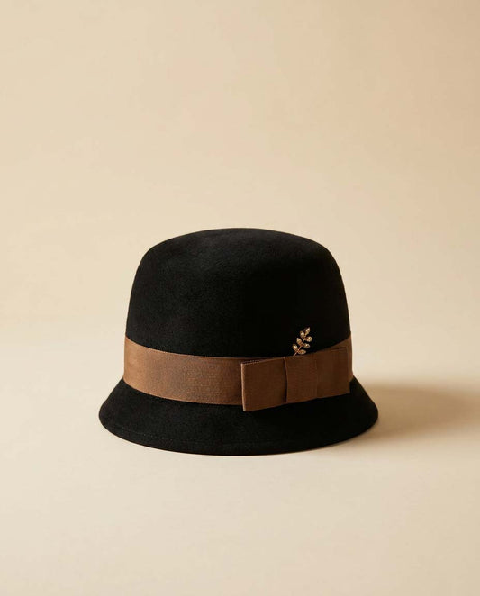 Vintage Roberta Bernays Black Velour Cloche Hat | 1960s Designer Hat | Black Felt Bucket Hat | Mod Cocktail Hat | Rhinestone Accent