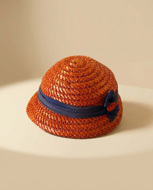 Vintage 1960s Orange Red Raffia Straw Cloche Hat | Navy Blue Ribbon Trim | Summer Straw Hat | Resort Wear | Retro Mod Millinery