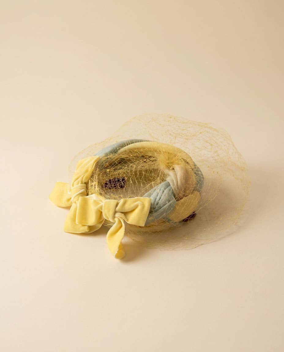 Vintage Pastel Braided Halo Hat | 1960s Veiled Cocktail Hat | Yellow Mint Cream Fascinator | Spring Easter Millinery