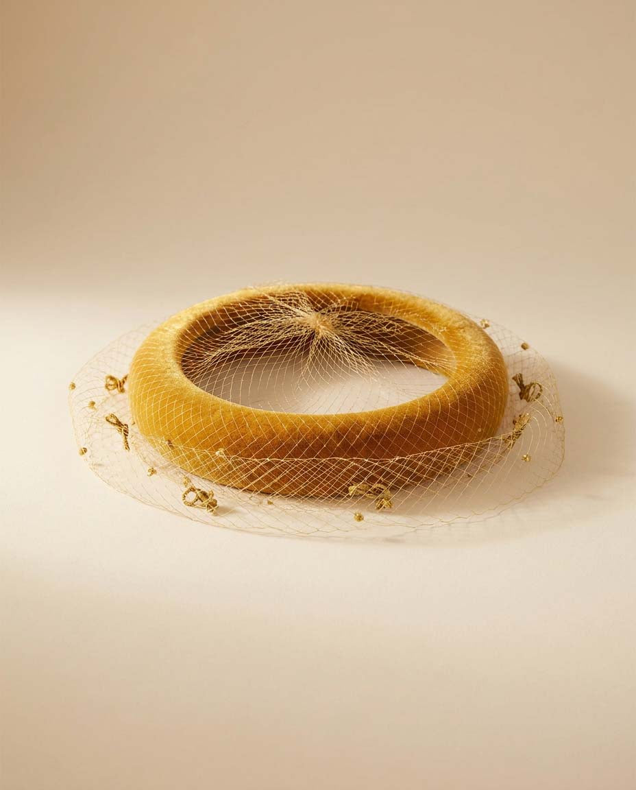 Vintage Velvet Halo Hat | Mustard Gold Veiled Fascinator | 1960s Cocktail Hat | Mod Bridal Headpiece