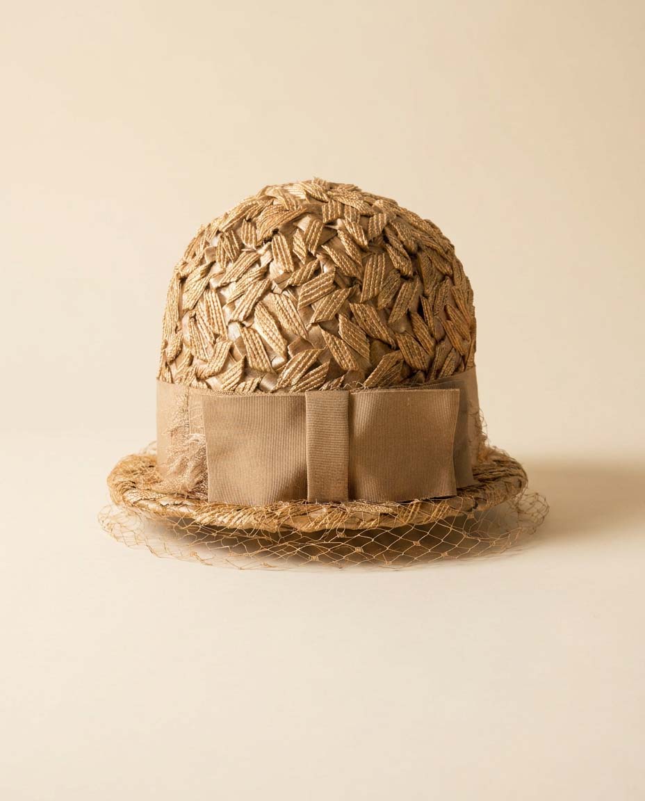 Vintage 1960s Woven Straw Cloche Hat | Taupe Ribbon Bow Hat | Veiled Cocktail Hat | Neutral Mid Century Millinery