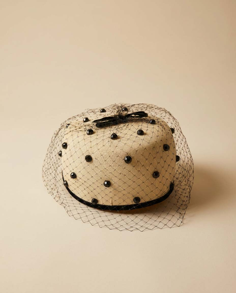 Vintage Ivory Pillbox Hat with Black Veil | 1960s Cocktail Hat | Rhinestone Studded Fascinator | Mod Bridal Hat | Veil Ready Vintage Millinery