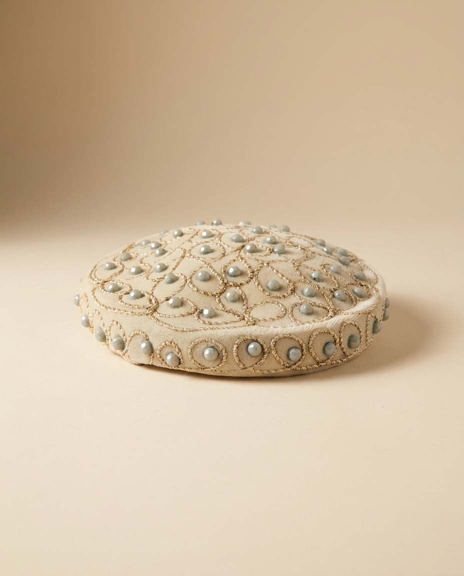 Vintage Embellished Ivory Pillbox Hat | Beaded Cocktail Hat | 1960s Formal Occasion Hat | Mid Century Millinery
