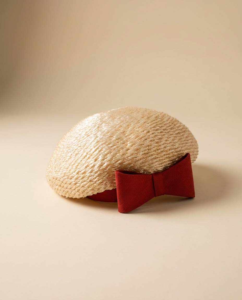 Vintage Ivory Straw Pillbox Hat with Red Bow | 1950s Cocktail Hat | Mid Century Fascinator | Summer Church Hat | Kentucky Derby Style
