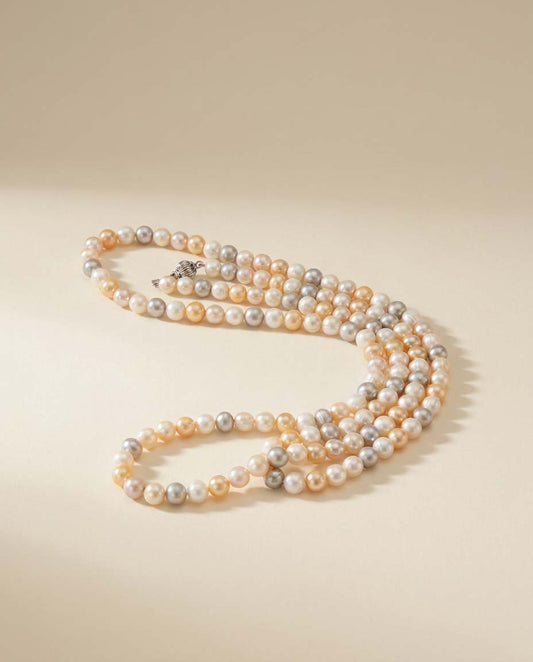 Vintage Long Freshwater Pearl Necklace | Multi Color Cultured Pearl Strand | Endless Pearl Necklace | Ivory Champagne Silver Pearls