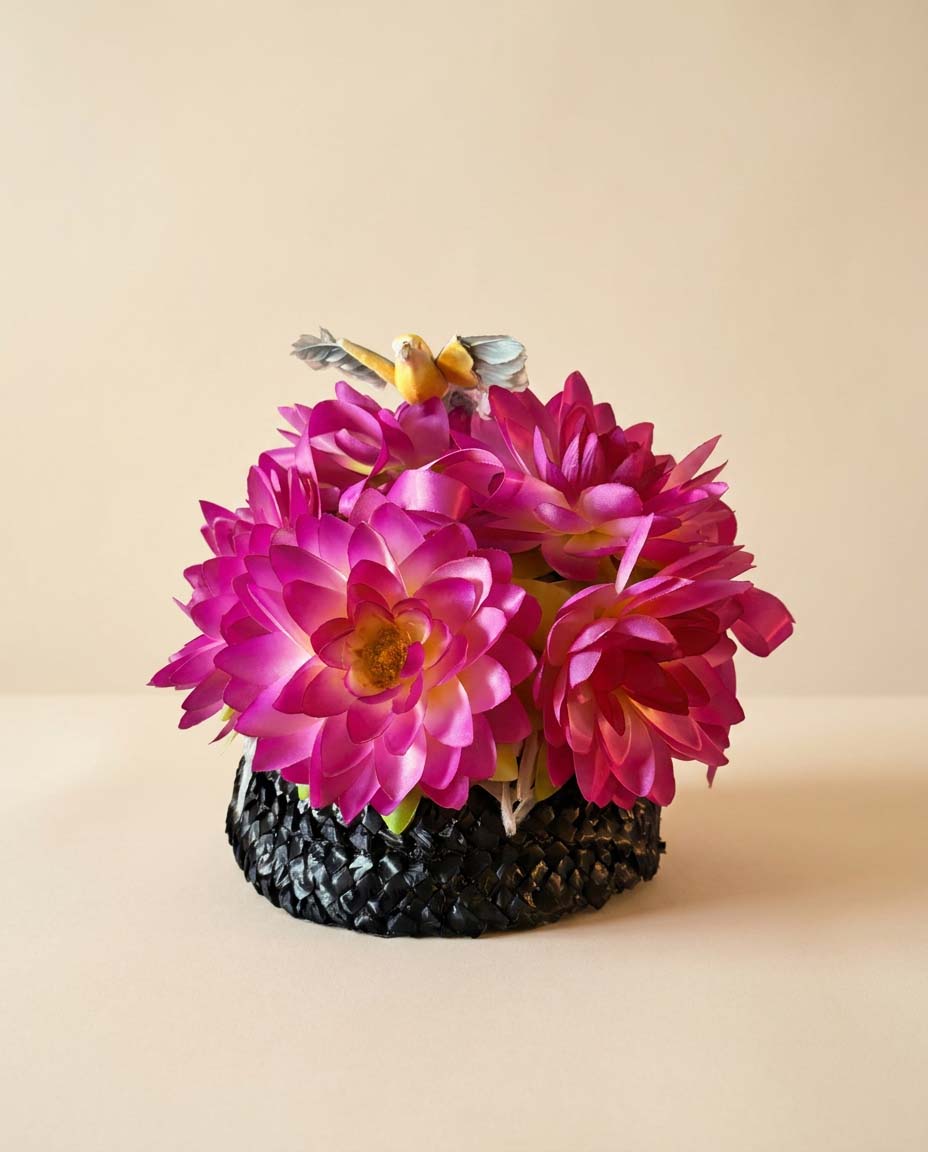 Vintage Floral Garden Party Hat | Hot Pink Flower Hat with Bird Accent | Statement Cocktail Hat | Novelty Spring Millinery
