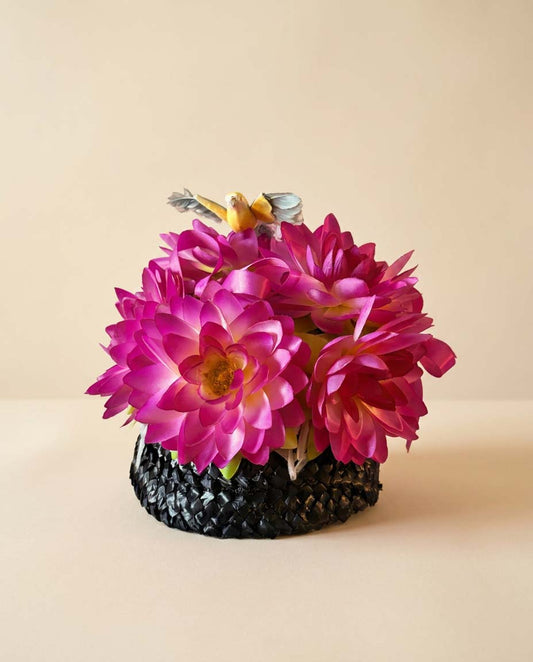 Vintage Floral Garden Party Hat | Hot Pink Flower Hat with Bird Accent | Statement Cocktail Hat | Novelty Spring Millinery
