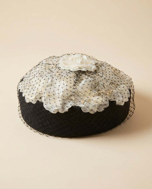 Vintage Black & White Floral Pillbox Hat with Birdcage Veil | 1960s Cocktail Hat | Floral Fascinator | Elegant Funeral or Bridal Hat
