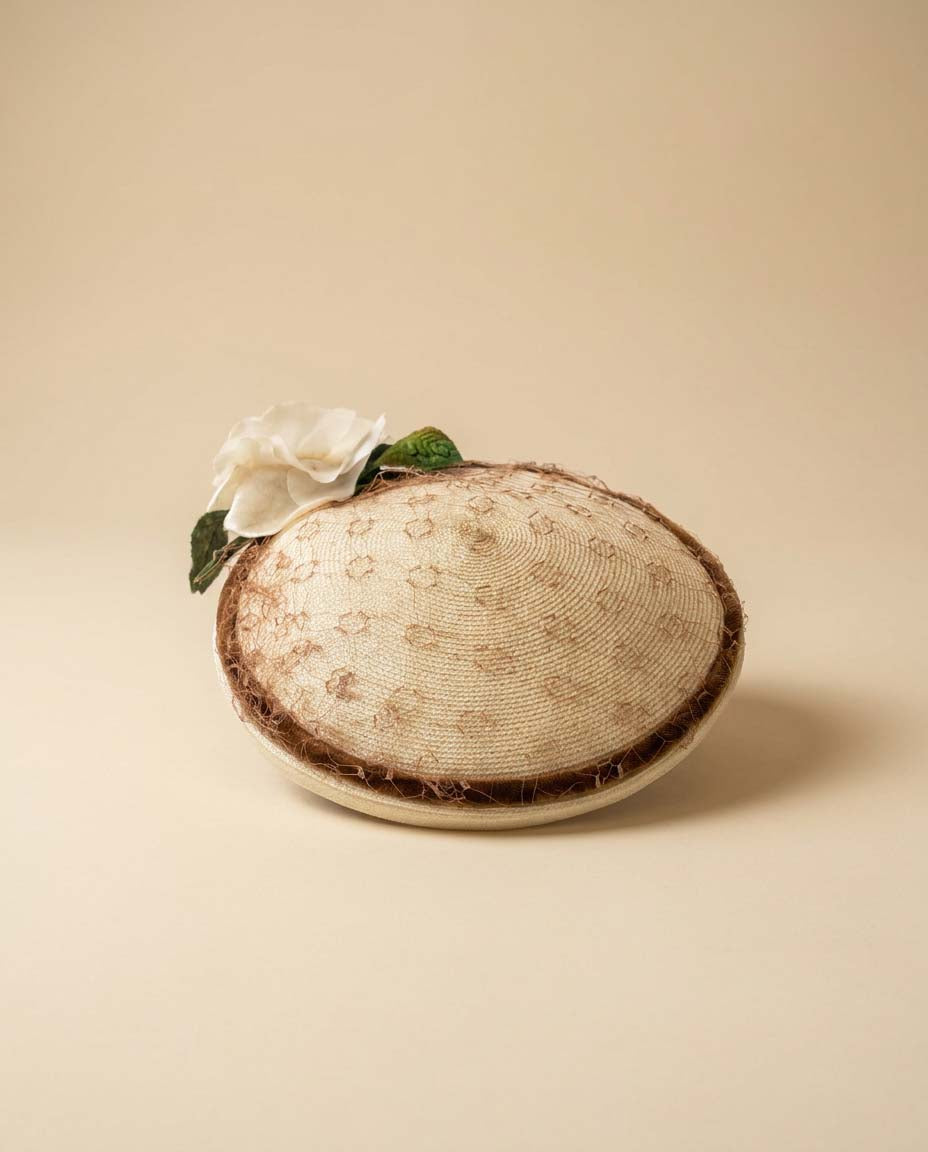 Vintage 1960s Ivory Tilt Hat with Rose & Birdcage Veil | Bridal Fascinator | Elegant Wedding Cocktail Hat