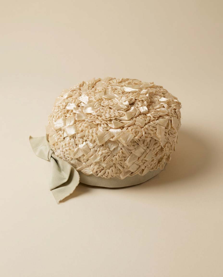 Vintage Leon 1960s Raffia Pillbox Hat | Ivory Textured Cocktail Hat | Bridal Fascinator | Mid Century Millinery