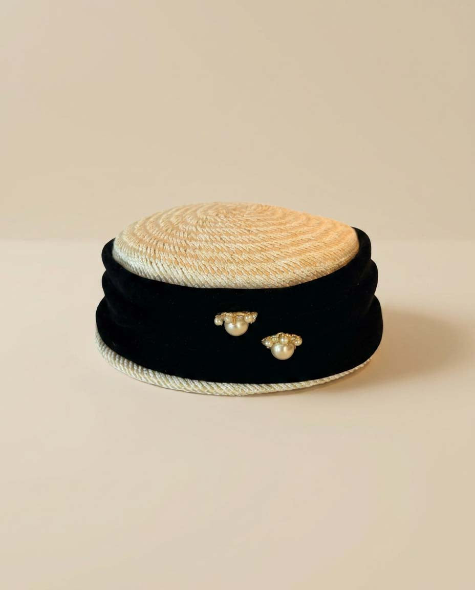 Vintage Jan Leslie Custom Design Straw Pillbox Hat with Pearl Rhinestone Accents | Veil Ready Bridal Cocktail Hat | Designer Vintage Millinery
