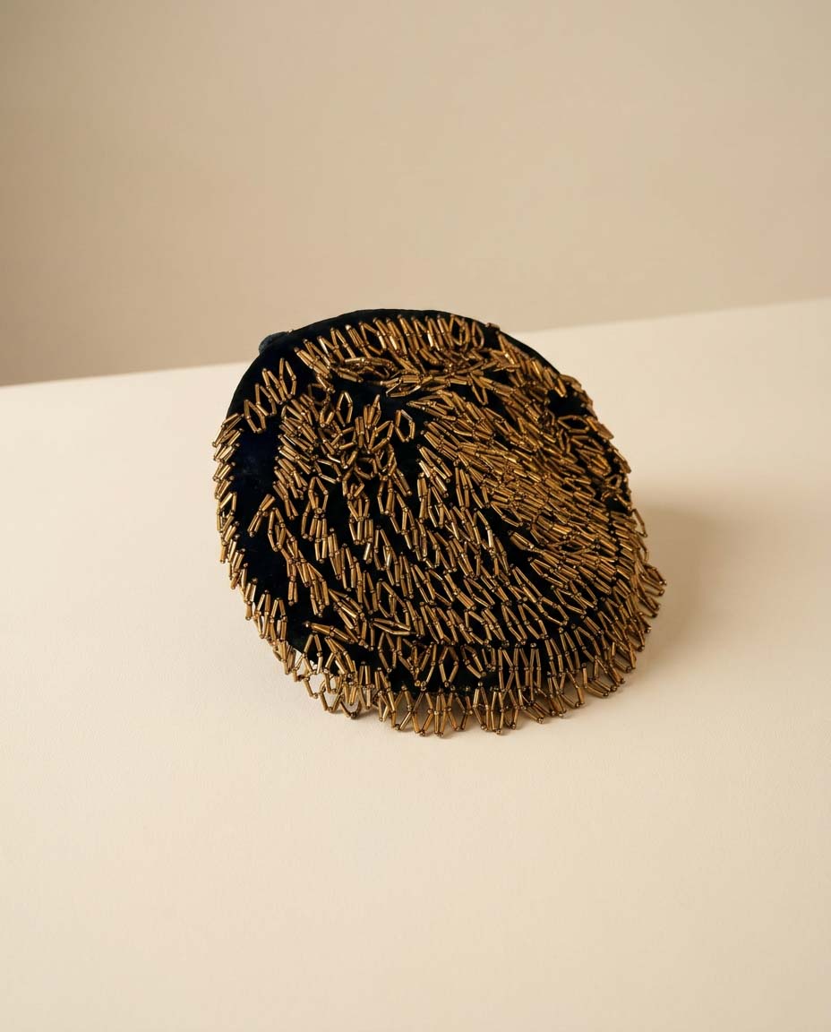 Vintage Mat Frank Original by Lee Leon New York Black Velvet Pillbox Hat with Bronze Bugle Bead Embellishment | Veil Ready Designer Cocktail Hat | Couture Millinery