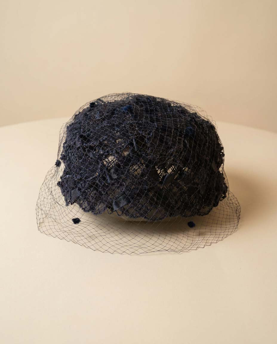 Vintage Navy Blue Birdcage Veil Hat | 1950s Lace Cocktail Hat | Veil Ready Fascinator | French Netting Wedding Hat | Vintage Bridal Millinery