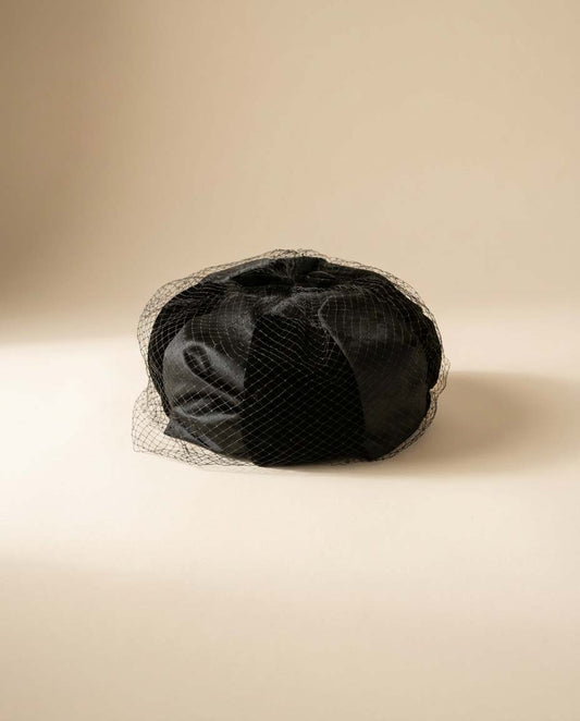 Vintage Black Birdcage Veil Hat | 1950s Satin Cocktail Hat | Veil Ready Fascinator | Elegant Vintage Bridal Hat | Mid-Century Millinery