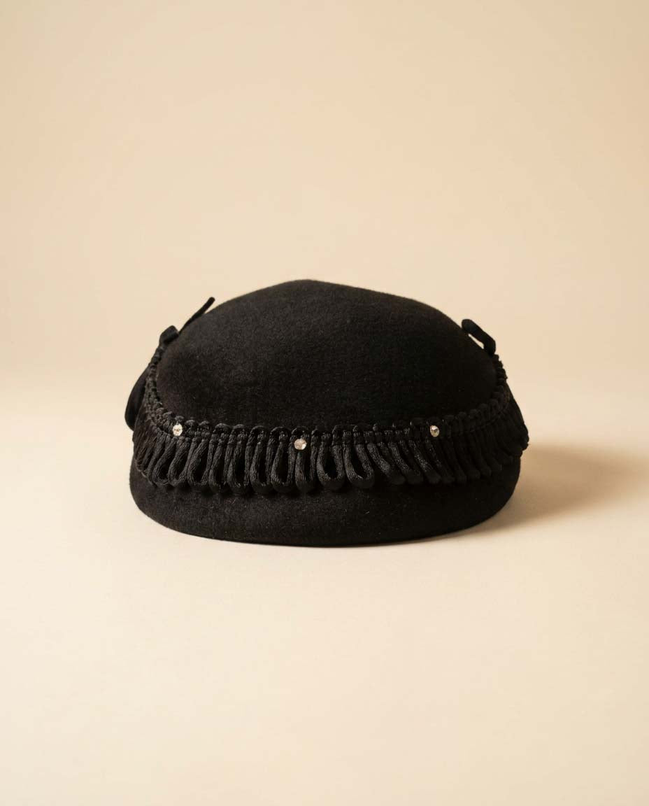 Vintage Black Tilt Hat | 1950s Wool Cocktail Hat | Rhinestone Trim Fascinator |  Mid-Century Millinery