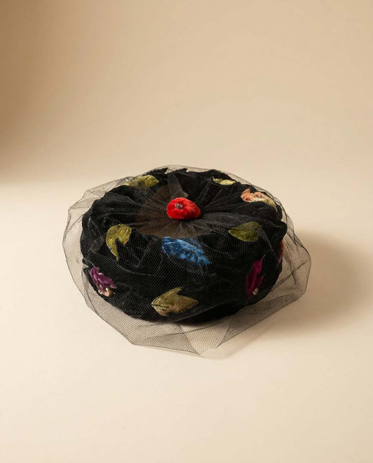 Vintage Clover Lane Black Velvet Floral Veiled Pillbox Hat | 1960s Union Made Cocktail Hat | Colorful Appliqué Leaves | Mid Century Fascinator