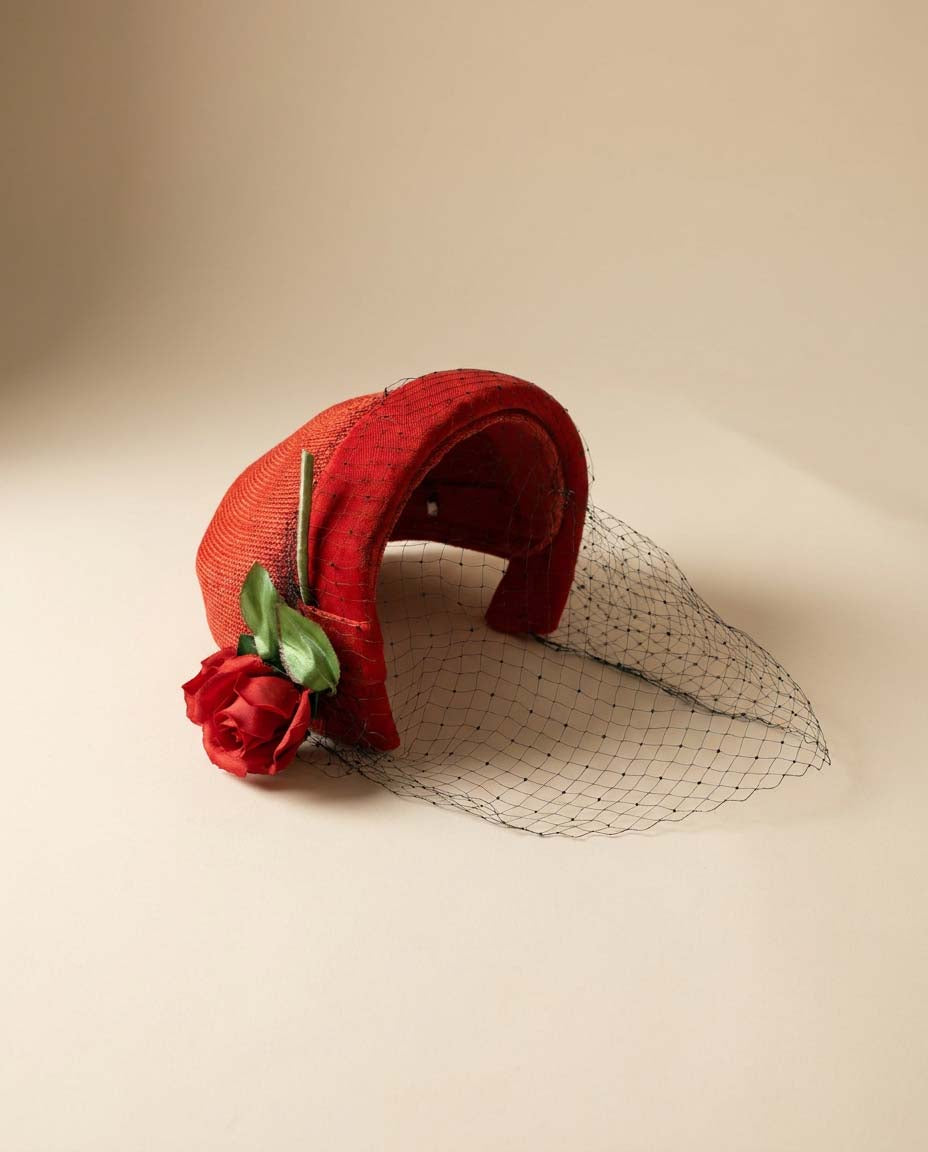 Vintage Adele Clair Red Straw Half Hat | 1950s Floral Half Hat | Red Rose Veiled Cocktail Hat | Mid Century Millinery
