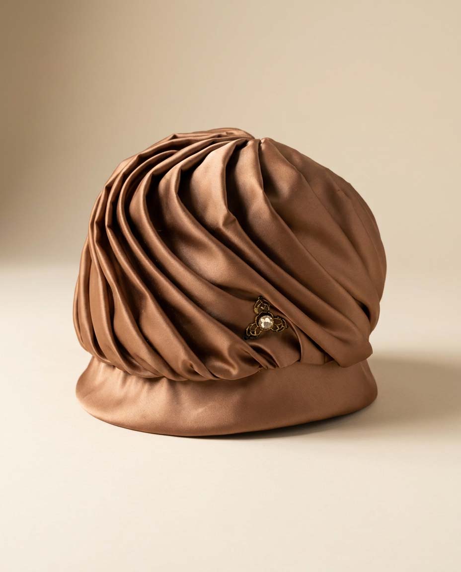 Vintage Bronze Satin Turban Hat | Draped 1950s Cocktail Hat with Rhinestone Brooch | Old Hollywood Glamour | Elegant Vintage Evening Millinery