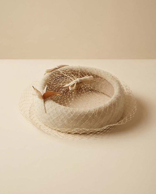 Vintage Ivory Halo Hat with Birdcage Veil | Veil Ready Bridal Halo | 1950s Wedding Hat | Minimalist Cocktail Fascinator | Editorial Bridal Headpiece