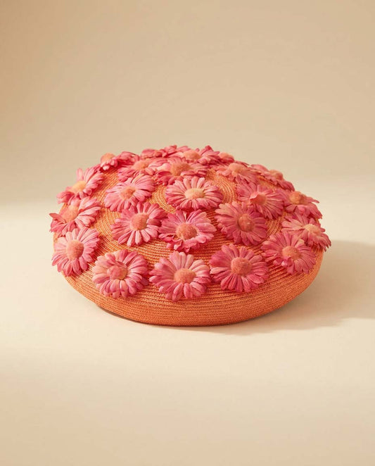 Vintage 1960s Pink Floral Pillbox Hat by Meric Modes, Coral Straw Flower Hat, Mid Century Millinery, Derby Hat, Bridal Hat, Garden Party Hat