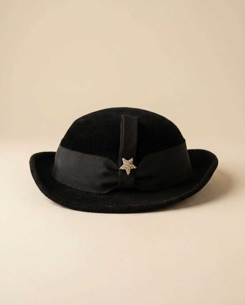 Vintage Black Velour Bowler Hat, Genelli Wool Felt Derby Hat, Rhinestone Star Brooch, Classic Cocktail Hat, Women's Vintage Fedora