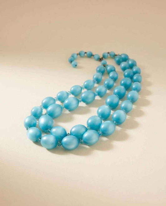 Vintage Double Strand Aqua Blue Beaded Necklace Mid Century Lucite Necklace Retro Costume Jewelry