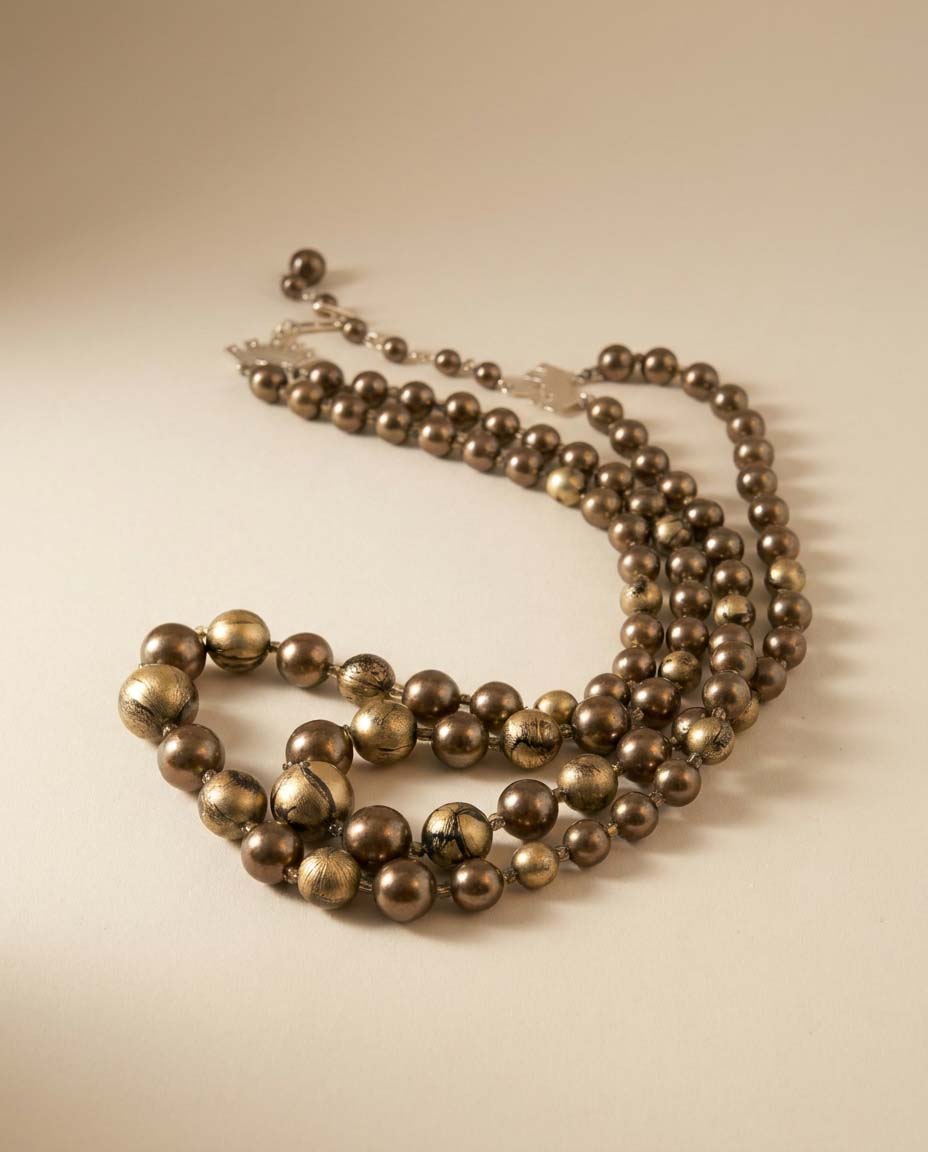 Vintage Bronze Gold Two Strand Beaded Necklace Mid Century Statement Jewelry Retro Necklace