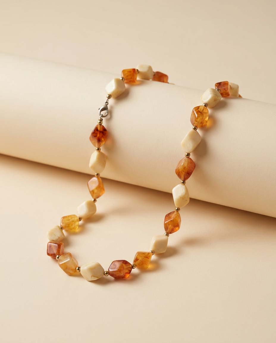Vintage Amber Ivory Lucite Necklace Mid Century Geometric Beaded Necklace Retro Mod Jewelry