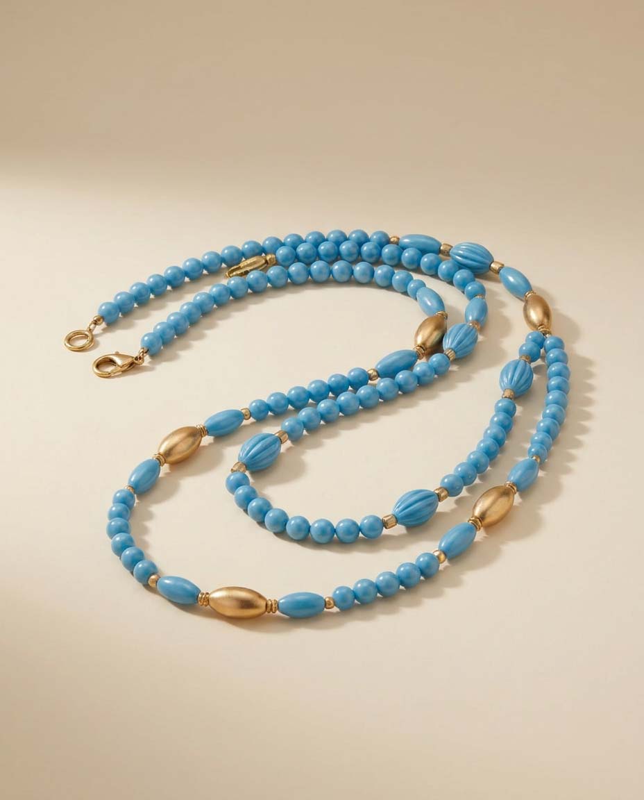 Vintage Blue Lucite Long Strand Necklace Mid Century Beaded Necklace Gold Tone Retro Jewelry