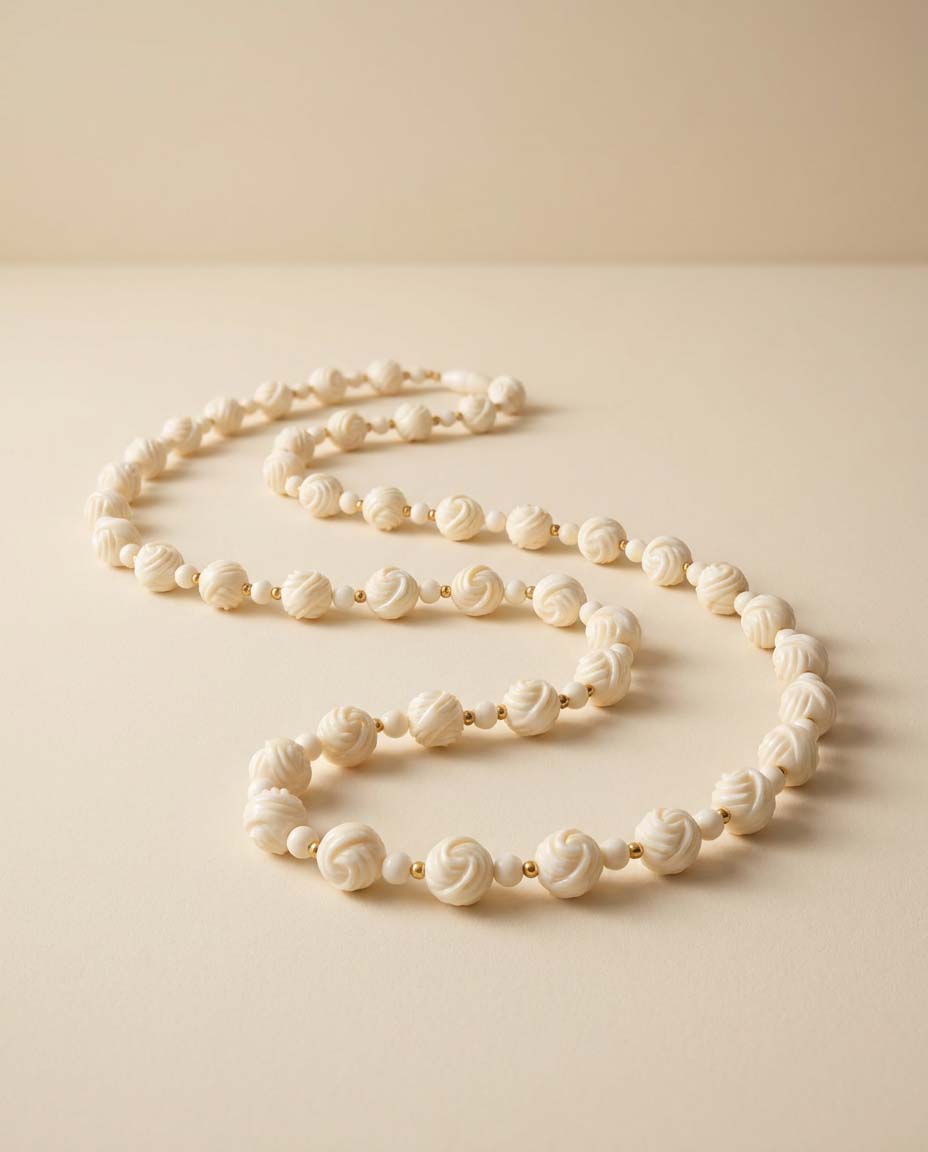 Vintage White Lucite Swirl Necklace Mid Century Beaded Necklace Ivory Retro Costume Jewelry