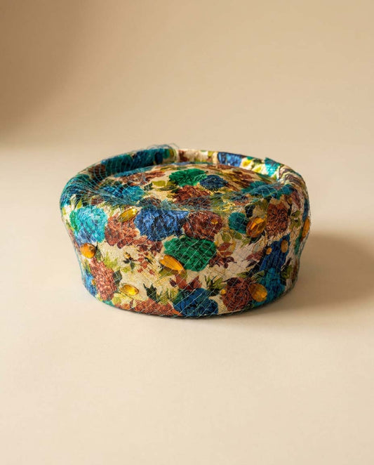 Vintage Floral Pillbox Hat with Veil, Blue Gold Brocade Cocktail Hat, Doris Designed, 1960s Wedding Fascinator, Rhinestone Vintage Millinery